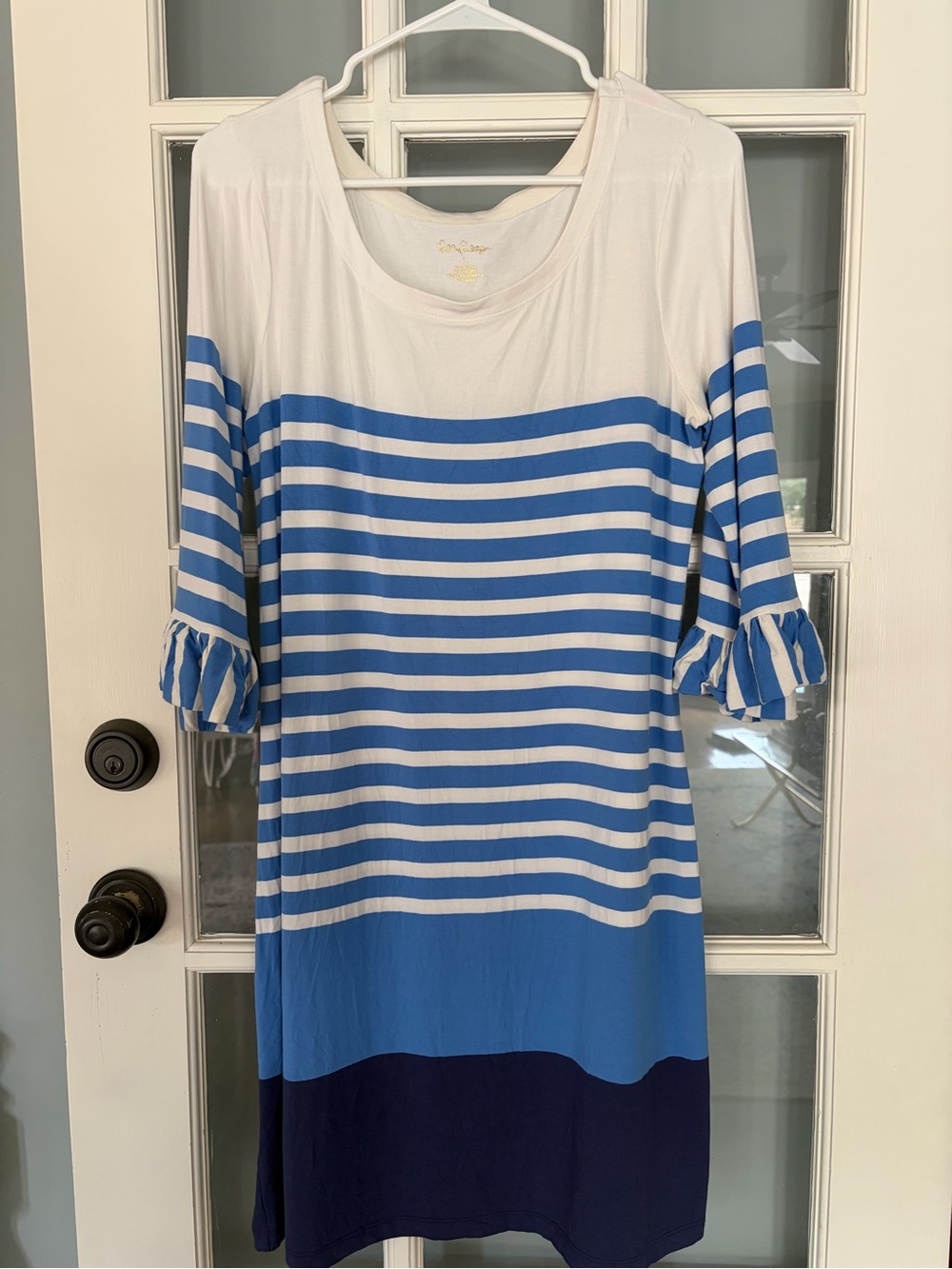 Lilly Pulitzer Blue & White Striped Shift Dress with Ruffle Sleeves